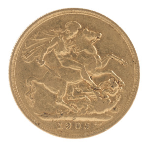 Sovereigns : 1905 KEVII Sydney Mint Sovereign, 7.98gr of 917/1000 fine gold, VG/F.