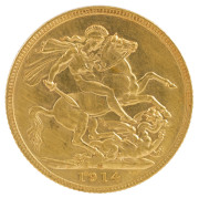 Sovereigns : 1914 KGV Melbourne Mint Sovereign, 7.98gr of 917/1000 fine gold, VF.