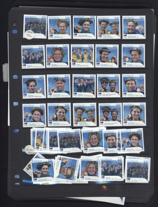 Decimal Issues : POSTAGE: circa 2004-2005 accumulation with sheetlets, se-tenant strips, large multiples, booklets, International stamps, and four complete sets of 2004 Olympics Australian Gold Medallist sheetlets, total MUH face value $950+. (100s)