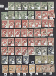 Kangaroos - Collections & Accumulations : 1913-45 ex-dealer's used stock on Hagners with First Wmk to 2/- including 4d (6, shades) & 2½d unused (no gum), Second wmk to 5/-, 3rd Wmk to 5/- incl. 2/- Brown (9) & 2/- Maroon (5) plus 1/- green unused, SMult to 2/-, CofA to 5/-, range of official perfins incl. First Wmk 5d perf Large & Small 'OS'; possible variety or postmark potential, condition variable. (280 approx)