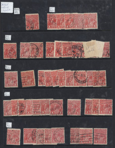 1914-36 ex-dealer's used stock on thirteen Hagners with Single Wmk to 1/4d incl.1d Reds (130 approx, good range of shades) & 4d violet perf 'OS' (3), LMult to 1½d, SMult P14 to 1/4d, P13½x12½ to 1/4d (9), CofA to 1/4d (5); smattering of Official/State perfins throughout, possible shade and variety interest; condition variable. May reward close inspection. (100s)