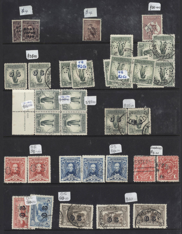 General & Miscellaneous : 1914-60s pre-decimal used collection with duplication of better items incl. 6d Engraved Kooka (3), 1/- Large Lyrebird perf 'VG' (12, incl. five pairs), also 1/- Large Lyrebird imprint block of 4 (creasing) & optd 'OS' singles (4)