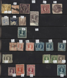 1850s-1913 ex-dealer's stock, mostly used later period, on Hagners with NSW incl. Sydney Views 1d forgery & defective 3d, imperf 6d Diadems (2), perforated (6d) Registered; Queensland with Large Chalons to £1 including nice 10/- SG.311 with 'REGISTERED/BRISBANE' cds, Tasmania with perforated Chalons