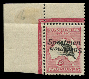 Kangaroos - First Watermark : £2 Black & Rose, upper left corner example with "Specimen" HANDSTAMP DOUBLE, ONE INVERTED, hinged in margin; the stamp in superb unmounted condition. Accompanied by a 1983 B.P.A. Certificate. BW:55Dxb - $20,000 (in hinged condition). The finer of the two examples known. The other example, illustrated at page 2/183 of the current Australian Commonwealth Specialists' Catalogue, was sold as part of the Arthur Gray Collection at Shreve's, New York in February 2007.
