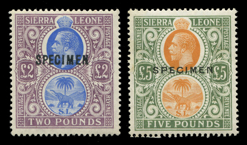 SIERRA LEONE : 1912-23 (SG.129 & 148s) KGV £2 blue & dull-purple and £5 orange & green, both overprinted SPECIMEN in fine lightly mounted condition. (2). Cat.£700.
