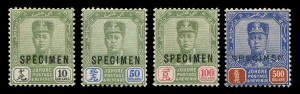 MALAYA : JOHORE: 1922-26 (SG.125-128s) Sultan Sir Ibrahim $10, $50, $100 and $500 overprinted SPECIMEN, (4) fine & fresh hinged with gum. Cat.£2000+.