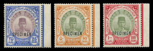 MALAYA : TRENGGANU: 1921-41 (SG.45s, 46s & 47s) $25, $50 & $100 Sultan Suleiman high values, matched marginal singles overprinted SPECIMEN, fine & fresh lightly mounted with gum. Cat.£2025. An exceptional set.