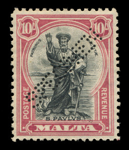 MALTA : 1930 (SG.193s-209s, ex.194s) ¼d - 10/- "POSTAGE & REVENUE" complete set (excl. ½d green) perforated SPECIMEN, (16); fine appearance but several with gum discolouration. Cat.£400+.