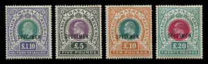 SOUTH AFRICA - Provinces : NATAL: 1902 (SG.143s - 145bs) Edward VII £1/10/-, £5, £10 & £20 high-value "POSTAGE & REVENUE" definitives overprinted SPECIMEN, all with o.g.; minor faults gum side, fine frontal appearance. Cat.£1500+.