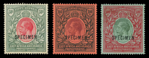 KENYA, UGANDA & TANGANYIKA : EAST AFRICA AND UGANDA PROTECTORATES: 1912-21 (SG.61s, 62s & 63s) 50r rose-red & dull greyish-green, 100r purple & black on red, and 500r green & red on green King George V high value definitives overprinted SPECIMEN, (3) fine and fresh with o.g. Cat.£2600+.