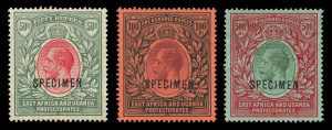 KENYA, UGANDA & TANGANYIKA : EAST AFRICA AND UGANDA PROTECTORATES: 1912-21 (SG.61s, 62s & 63s) 50r rose-red & dull greyish-green, 100r purple & black on red, and 500r green & red on green King George V high value definitives overprinted SPECIMEN, (3) fine