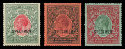 KENYA, UGANDA & TANGANYIKA : EAST AFRICA AND UGANDA PROTECTORATES: 1912-21 (SG.61s, 62s & 63s) 50r rose-red & dull greyish-green, 100r purple & black on red, and 500r green & red on green King George V high value definitives overprinted SPECIMEN, (3) fine