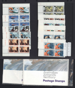 ANTARCTICA : AUSTRALIAN ANTARCTIC TERRITORY: 1966-68 Pictorials 1c to $1 "Mock Sun" set in corner blocks of 4, the four top values with sheet number marginal imprints; also complete set in stamp packs (2), one with Japanese insert which was only available at 'Expo70' held in Osaka, Japan.