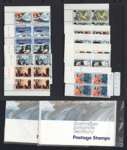 ANTARCTICA : AUSTRALIAN ANTARCTIC TERRITORY: 1966-68 Pictorials 1c to $1 "Mock Sun" set in corner blocks of 4, the four top values with sheet number marginal imprints; also complete set in stamp packs (2), one with Japanese insert which was only available