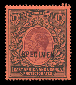 KENYA, UGANDA & TANGANYIKA : EAST AFRICA AND UGANDA PROTECTORATES: 1912-21 (SG.62s) 100r purple & black on red King George V high value definitive overprinted SPECIMEN, fine and fresh with unmounted o.g. Cat.£750+.
