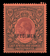 KENYA, UGANDA & TANGANYIKA : EAST AFRICA AND UGANDA PROTECTORATES: 1912-21 (SG.62s) 100r purple & black on red King George V high value definitive overprinted SPECIMEN, fine and fresh with unmounted o.g. Cat.&pound;750+.