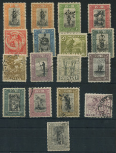 PAPUA : 1932-40 (SG.130-145) ½d to £1 Pictorial set used, plus ½d McCracken Printing mint (surface mark), some nibbed perfs & odd blemish (1d thin) key 10/- & £1 values are fine, Cat. £450+. (17).