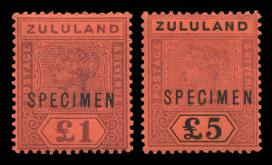 SOUTH AFRICA - Provinces : ZULULAND: 1894-96 (SG.28s & 29s) £1 and £5 Queen Victoria high value definitives, overprinted SPECIMEN, fresh, with o.g. (2). Cat.£600 approx.