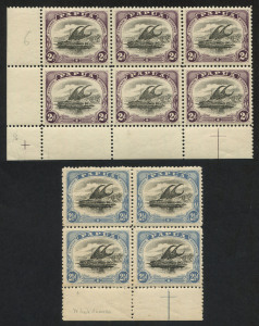 PAPUA : 1907-10 (SG.61-62) Small 'PAPUA' Wmk Sideways P.11 2d corner block of 6, upper right unit "Rift faw" lower right unit "Comet Flaw", lower centre unit "White leaves"; also 2½d marginal block of 4 with the same flaws (storage-related tone banding on gum), lower units of each block MUH, Cat £180++.
