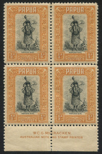 PAPUA : 1932-40 (SG.130a) McCracken Printing ½d Black & Buff imprint block of 4, gum wrinkle, MLH with lower units MUH, Cat £76++.