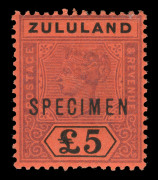 SOUTH AFRICA - Provinces : ZULULAND: 1894-96 (SG.29s) £5 Queen Victoria high value definitive, overprinted SPECIMEN, fresh, with o.g. Cat.£475.