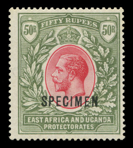 KENYA, UGANDA & TANGANYIKA : EAST AFRICA AND UGANDA PROTECTORATES: 1921 (SG.75s) 50r carmine & green King George V high value definitive on Script CA paper, overprinted SPECIMEN, fine and fresh with o.g. Cat.£500.