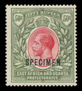 KENYA, UGANDA & TANGANYIKA : EAST AFRICA AND UGANDA PROTECTORATES: 1921 (SG.75s) 50r carmine & green King George V high value definitive on Script CA paper, overprinted SPECIMEN, fine and fresh with o.g. Cat.£500.