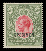 KENYA, UGANDA & TANGANYIKA : EAST AFRICA AND UGANDA PROTECTORATES: 1921 (SG.75s) 50r carmine & green King George V high value definitive on Script CA paper, overprinted SPECIMEN, fine and fresh with o.g. Cat.&pound;500.