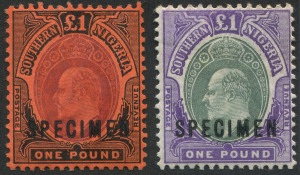 NIGERIA : SOUTHERN NIGERIA: 1903-04 (SG.20s) and 1907-11 (SG.44s) £1 green & violet and £1 purple & black on red, Edward VII high value definitives overprinted SPECIMEN, (2) fresh, lightly mounted with o.g.