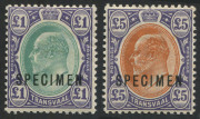 SOUTH AFRICA - Provinces : TRANSVAAL: 1903 (SG.258-259s) Edward VII £1 green & violet and £5 orange-brown & violet high values overprinted SPECIMEN, (2); lightly mounted with o.g. and small guarantee stamps.