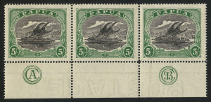 PAPUA : 1916-31 (SG.104) Bicolours 5/- black & green Cooke imprint strip of 3 with 'CA' & 'JBC' Monograms, well centred, MVLH.