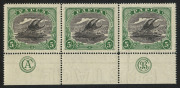 PAPUA : 1916-31 (SG.104) Bicolours 5/- black & green Cooke imprint strip of 3 with 'CA' & 'JBC' Monograms, well centred, MVLH.