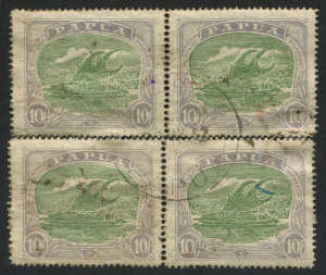 PAPUA : 1916-31 (SG.105) Bicolours 10/- green & pale ultramarine rejoined block of 4, some light surface soils/marks, otherwise fine, Cat. £760.