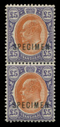 SOUTH AFRICA - Provinces : TRANSVAAL: 1903 (SG.259s) Edward VII £5 orange-brown & violet high value, vertical pair overprinted SPECIMEN, (2); upper unit very lightly mounted, the lower unit unmounted. Believed to be UNIQUE.