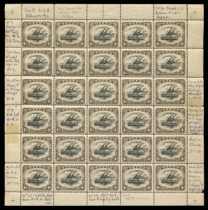 PAPUA : 1907-10 (SG.63) Small 'PAPUA' Wmk Sideways P.11 4d complete sheet (6x5) with varieties annotated in the sheet margins, including "Deformed 'd'" [pos.18], hinged in margins only, all stamps - bar one (just touched) - are MUH, Cat. £285++. (30)