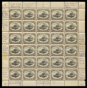 PAPUA : 1907-10 (SG.63) Small 'PAPUA' Wmk Sideways P.11 4d complete sheet (6x5) with varieties annotated in the sheet margins, including "Deformed 'd'" [pos.18], hinged in margins only, all stamps - bar one (just touched) - are MUH, Cat. &pound;285++. (30)