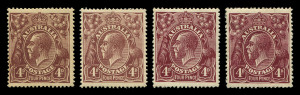 KGV Heads - Single Watermark : 1920-21 FOUR PENCE COLOUR TRIALS: 1920 (Dec. 31) 4d Comb Perf.14 colour trials or Plate Proofs in brown-purple shades on thick ungummed unwatermarked paper, each with an identifying letter in red ink on the reverse, comprising "B" "C" "D" and "N", well centred, and remarkably fine, Cat $60,000.