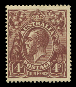 KGV Heads - Single Watermark : 1920-21 FOUR PENCE COLOUR TRIALS: 4d colour trial in brown-purple (brown) endorsed on the reverse "B" in red, Cat $15,000.