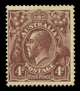 KGV Heads - Single Watermark : 1920-21 FOUR PENCE COLOUR TRIALS: 4d colour trial in brown-purple (brown) endorsed on the reverse "B" in red, Cat $15,000.