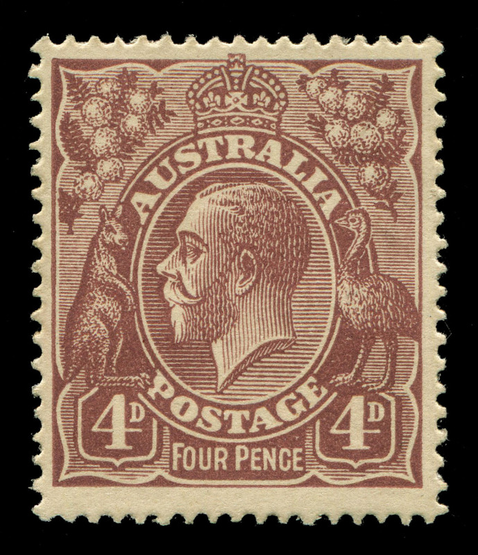 KGV Heads - Single Watermark : 1920-21 FOUR PENCE COLOUR TRIALS: 4d colour trial in warm brown-purple (bright brown) endorsed on the reverse "C" in red, Cat $15,000.