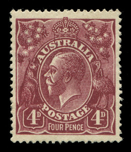 KGV Heads - Single Watermark : 1920-21 FOUR PENCE COLOUR TRIALS: 4d colour trial in warm red-purple (deep reddish purple) endorsed on the reverse "N" in red, exceptional centring, Cat $15,000.