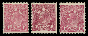KGV Heads - Single Watermark : 1920-21 FOUR PENCE COLOUR TRIALS: 1920 (Dec. 31) 4d Perf 14 colour trials in reddish shades on thick ungummed unwatermarked paper, each with an identifying letter in red ink on the reverse, comprising "E" "F" and "H", Cat $45,000. Our assessment of the shades, again with the ACSC shades in brackets, is "E" in red-lilac (carmine-rose), "F" in deep red-violet (reddish violet) & "H" in deep red-lilac (pale reddish violet).