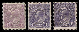 KGV Heads - Single Watermark : 1920-21 FOUR PENCE COLOUR TRIALS: 1921 (Jan.11) 4d Perf 14 colour trials in purple shades apparently printed on the reverse of some form of financial instrument & with serial number '018258' printed in black, '£' printed in 