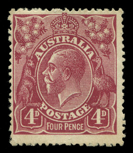 KGV Heads - Single Watermark : 1920-21 FOUR PENCE COLOUR TRIALS: 4d colour trial in deep red-violet (reddish violet) endorsed on the reverse "F" in red, Cat $15,000.