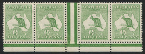 Kangaroos - First Watermark : ½d Green, horizontal inter-pane strip (4) with 1R55 variety "White scratch left of value circle", BW:1(1)g; attractively centred, Mint.