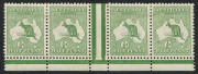 Kangaroos - First Watermark : &frac12;d Green, horizontal inter-pane strip (4) with 1R55 variety "White scratch left of value circle", BW:1(1)g; attractively centred, Mint.