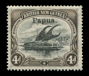 PAPUA : 1907 (SG.42a) Small 'Papua' Wmk Vertical, 4d black & sepia variety "Deformed 'd' at left" [pos.18], well centred, fine mint, Cat. £700.