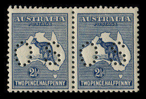 Kangaroos - Third Watermark : 2½d Indigo, horizontal pair, (2) perforated OS; the right hand unit additionally with variety BW:11(1)d "Break in inner top frame over R of AUSTRALIA", fresh MUH.