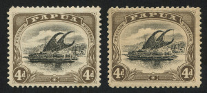 PAPUA : 1907-10 (SG.52a & 63a) Small 'PAPUA' 4d Perf.11 Wmk Upright (a tad aged) and 4d Wmk Sideways Perf.11, both with variety "Deformed 'd' at left, the latter without gum, Cat. £280. (2)