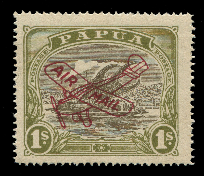 PAPUA : 1929-30 (SG.117) Airmail Overprints 1/- sepia & olive with "Overprint in deep carmine" and with "AI,R MAIL' overprint flaw, marginal example from left of sheet (partial sheet watermark on left edge), MVLH. Unlisted by Gibbons. Sought-after variety